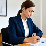 A professional adult, dressed in a modest business suit, is seated at a clean, modern desk in a financial institution's office in France. They are focused, reviewing documents, perhaps engaged in a consultation to address financial planning or a past incident. The environment is bright and organized, reflecting a serious yet supportive atmosphere. The subtle elegance of a French professional setting is visible in the decor. fully clothed, appropriate attire, safe for work, perfect anatomy, natural proportions, well-formed hands, proper finger count, professional photography, high quality, modest, family-friendly.