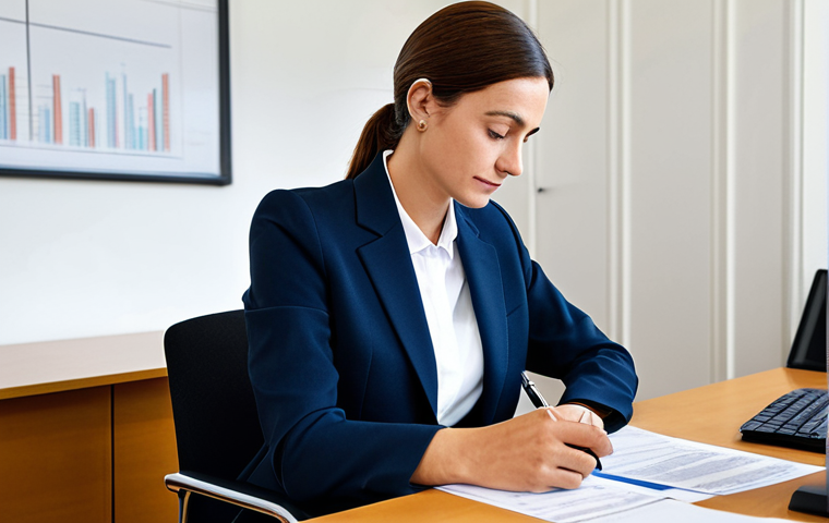 A professional adult, dressed in a modest business suit, is seated at a clean, modern desk in a financial institution's office in France. They are focused, reviewing documents, perhaps engaged in a consultation to address financial planning or a past incident. The environment is bright and organized, reflecting a serious yet supportive atmosphere. The subtle elegance of a French professional setting is visible in the decor. fully clothed, appropriate attire, safe for work, perfect anatomy, natural proportions, well-formed hands, proper finger count, professional photography, high quality, modest, family-friendly.