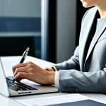 A focused young professional, fully clothed in a modest business suit, sitting at a modern, minimalist desk. They are carefully reviewing various credit card offers and financial data on a laptop screen, holding a pen, poised to make notes. The scene is a bright, contemporary office space with natural light, a clean white desk, and subtle background blur. Professional photography, high resolution, realistic rendering, perfect anatomy, correct proportions, natural pose, well-formed hands, proper finger count, natural body proportions, safe for work, appropriate content, fully clothed, professional dress, family-friendly.