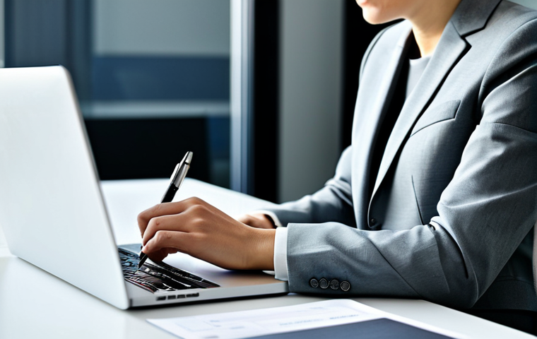 A focused young professional, fully clothed in a modest business suit, sitting at a modern, minimalist desk. They are carefully reviewing various credit card offers and financial data on a laptop screen, holding a pen, poised to make notes. The scene is a bright, contemporary office space with natural light, a clean white desk, and subtle background blur. Professional photography, high resolution, realistic rendering, perfect anatomy, correct proportions, natural pose, well-formed hands, proper finger count, natural body proportions, safe for work, appropriate content, fully clothed, professional dress, family-friendly.