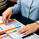 **

A woman, fully clothed in professional attire, meticulously organizing supermarket loyalty cards and a detailed Excel spreadsheet on a brightly lit desk, surrounded by grocery store flyers and discount coupons. The scene should evoke a sense of organized savings and practical budgeting in a modern French home. The background includes a calendar marked with promotional dates. perfect anatomy, correct proportions, natural pose, well-formed hands, proper finger count, natural body proportions, high quality. safe for work, appropriate content, fully clothed, professional.

**