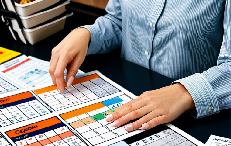 **

A woman, fully clothed in professional attire, meticulously organizing supermarket loyalty cards and a detailed Excel spreadsheet on a brightly lit desk, surrounded by grocery store flyers and discount coupons. The scene should evoke a sense of organized savings and practical budgeting in a modern French home. The background includes a calendar marked with promotional dates. perfect anatomy, correct proportions, natural pose, well-formed hands, proper finger count, natural body proportions, high quality. safe for work, appropriate content, fully clothed, professional.

**