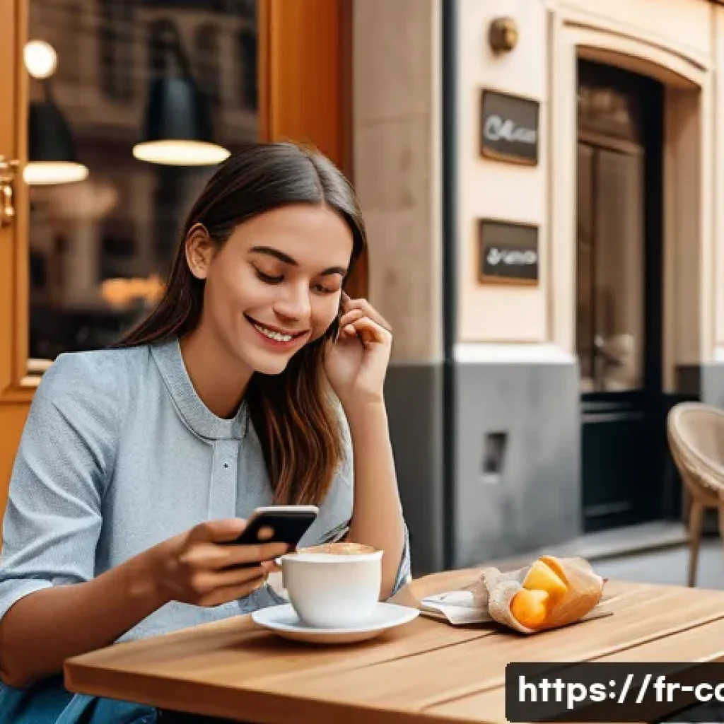 신용카드 혜택 극대화 방법 - A modern French café scene with a young adult woman sitting at an outdoor table, casually using a sm...