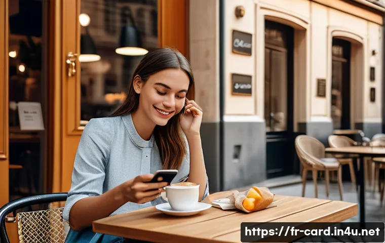 신용카드 혜택 극대화 방법 - A modern French café scene with a young adult woman sitting at an outdoor table, casually using a sm...