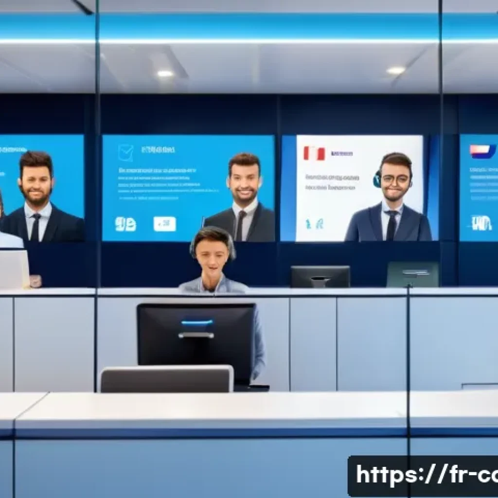 카드사별 고객센터 번호 - A modern French bank customer service center with a friendly male advisor speaking on the phone, sur...