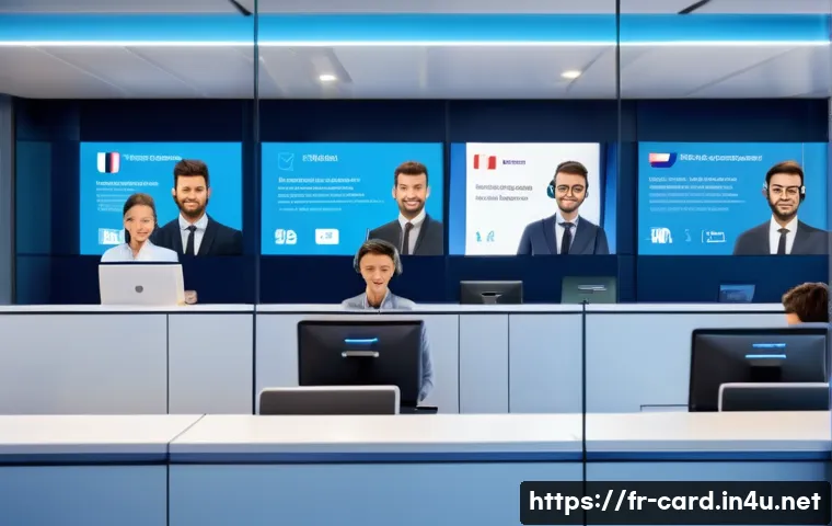 카드사별 고객센터 번호 - A modern French bank customer service center with a friendly male advisor speaking on the phone, sur...
