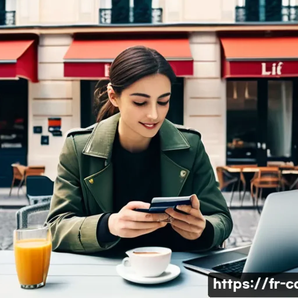 체크카드와 신용카드 결합 사용 - A modern French café scene showing a young adult managing personal finances: the person is sitting a...