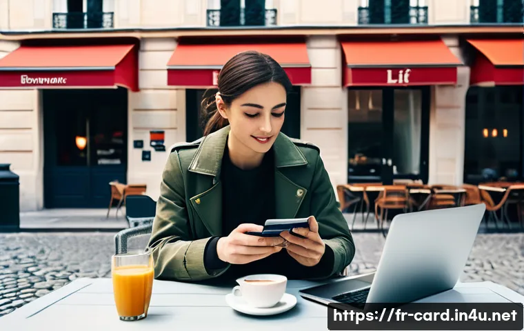체크카드와 신용카드 결합 사용 - A modern French caf&eacute; scene showing a young adult managing personal finances: the person is sitting a...