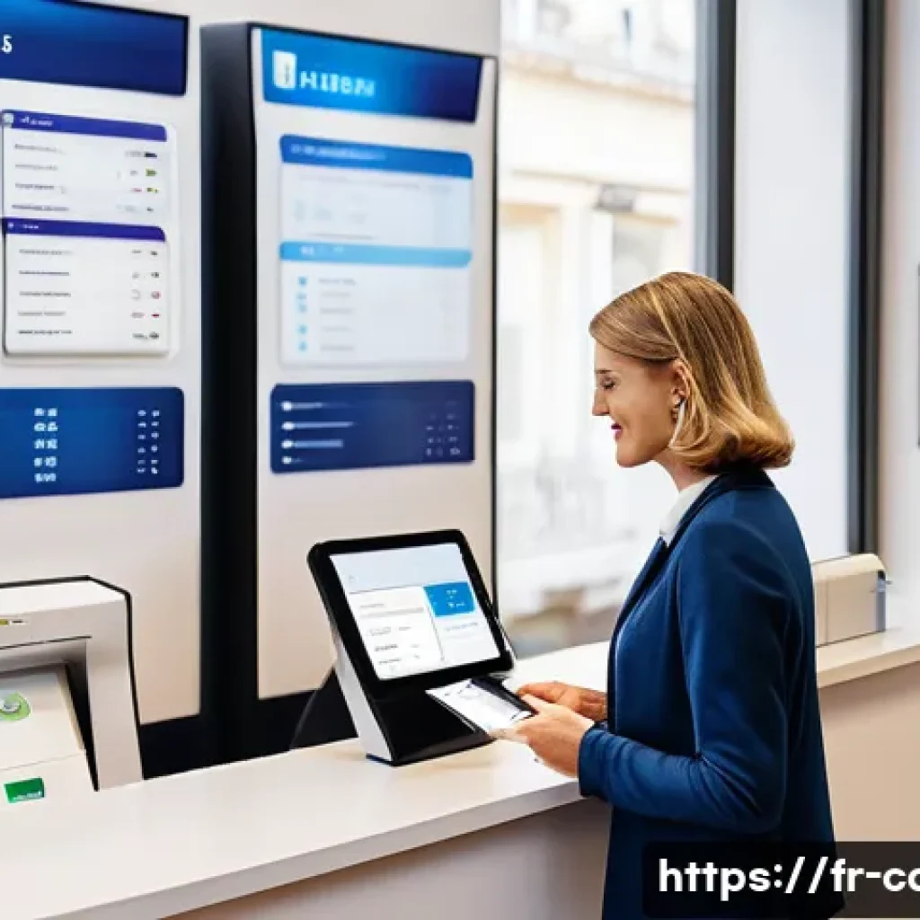 체크카드 결제 취소 - A modern French bank branch interior with a friendly banker assisting a middle-aged woman at the cou...