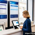 체크카드 결제 취소 - A modern French bank branch interior with a friendly banker assisting a middle-aged woman at the cou...