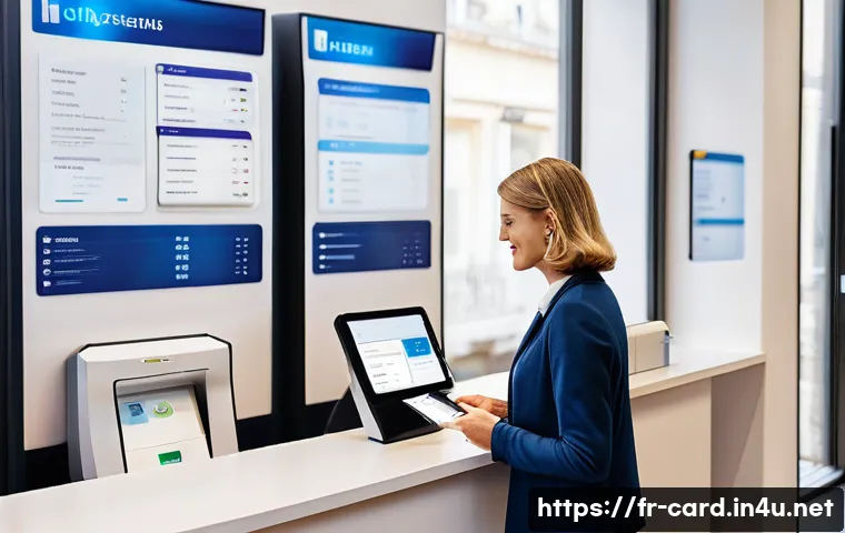 체크카드 결제 취소 - A modern French bank branch interior with a friendly banker assisting a middle-aged woman at the cou...