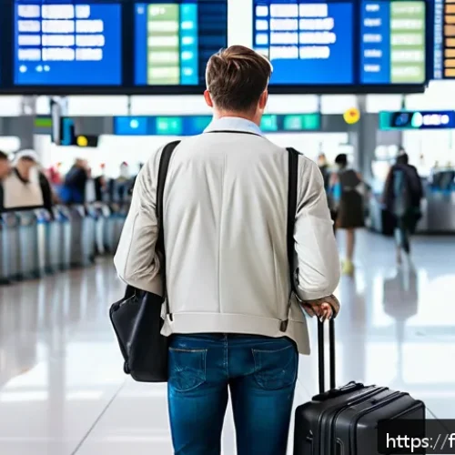 신용카드 해외 결제 수수료 - A modern traveler standing at a bustling European airport terminal, holding multiple credit and debi...
