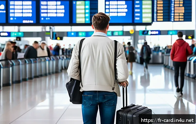 신용카드 해외 결제 수수료 - A modern traveler standing at a bustling European airport terminal, holding multiple credit and debi...