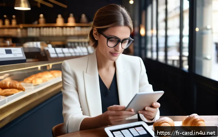 신용카드 포인트 적립률 - A sophisticated French businesswoman in a modern Parisian caf&eacute;, reviewing her credit card statements...