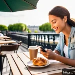 신용카드 외화 결제 수수료 절약 - A detailed illustration of a European traveler using a premium Visa Premier credit card at a vibrant...