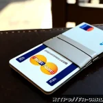 체크카드와 신용카드 차이 - Photorealistic overhead still life on a Parisian café table, two unbranded bank cards placed side by...